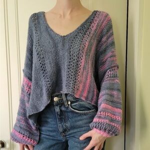 Free People Blue and Pink Off-the-Shoulder Sweater